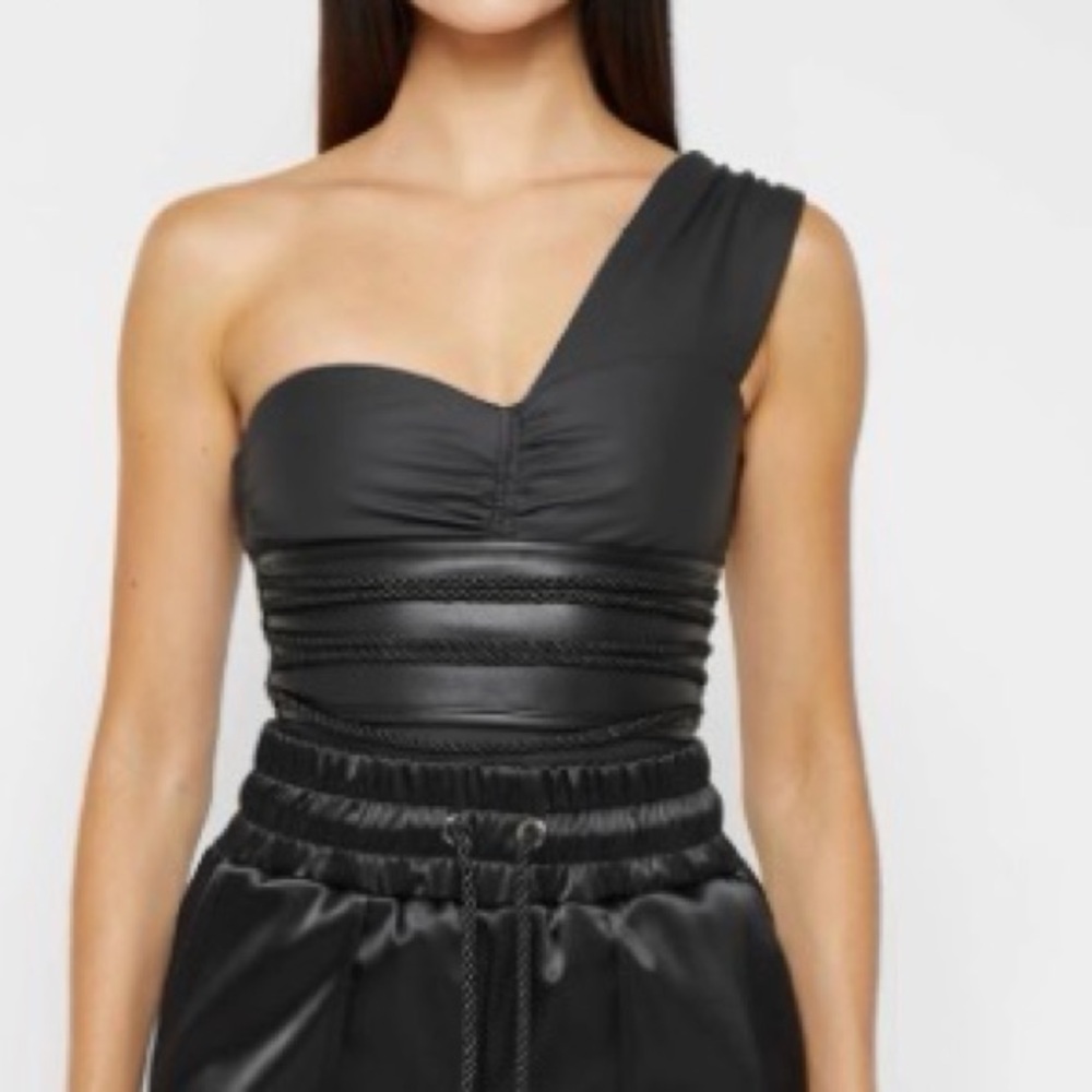 One-Shoulder Black faux leather bodysuit